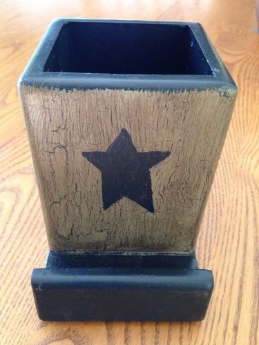 Country Rustic Star Painted Wooden Pen Box Pencil Holder With Business Card Slot