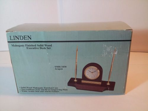Linden Mahogany Finished Solid Wood Executive Clock Desk Set 2 Pens Name Plate