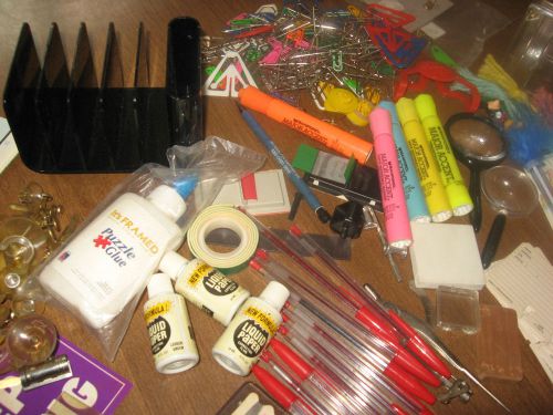 Junk Drawer Lot Misc Office Supplies pens clips Puzzle Glue Letter Holder + More