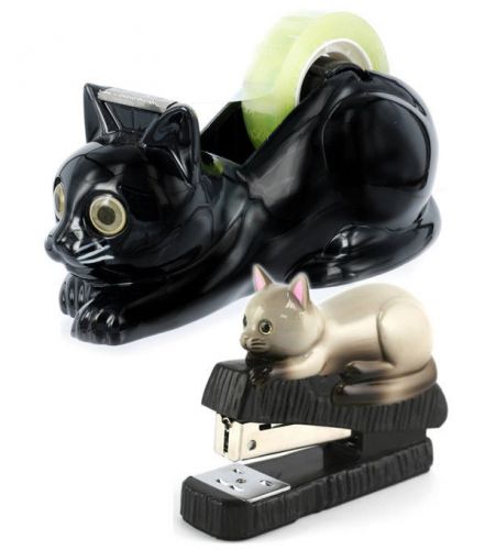 Black cat tape dispenser and siamese gray kitten stapler grey for school, office for sale