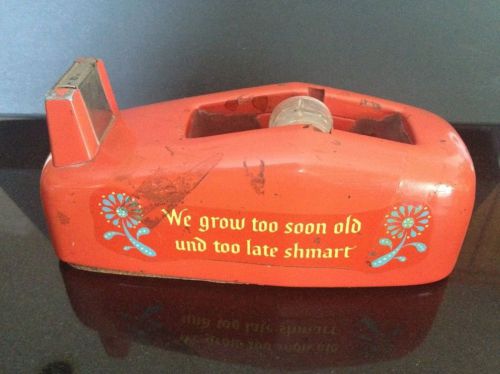 Vintage scotch tape heavy desktop dispenser &#034;too late shmart&#034; red orange for sale