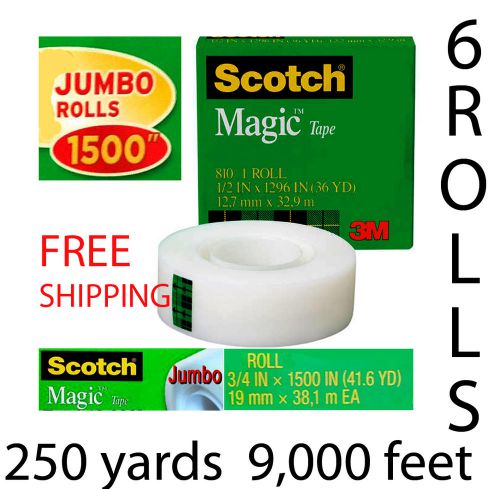 6 pack 3M Scotch Magic Tape 3/4 x 1500&#034; Jumbo Roll matte finish invisible tape