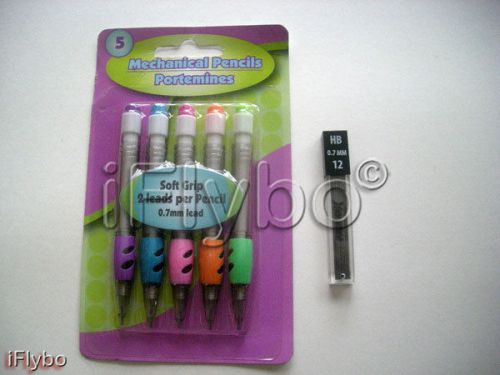5 Mini Soft Grip Mechanical Pencils 0.7mm LEAD with 0.7mm HB Refills - NEW