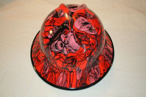 New custom msa v-gard (full brim) hard hat w/fas-trac ratchet neon o mr. creepy for sale