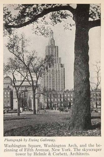 1928 print washington square arch skyscraper tower nyc original historic sky for sale