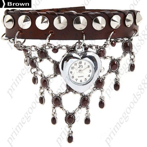 Heart Charms Charm Bangle PU Leather Quartz Lady Wrist Wristwatch Women&#039;s Brown