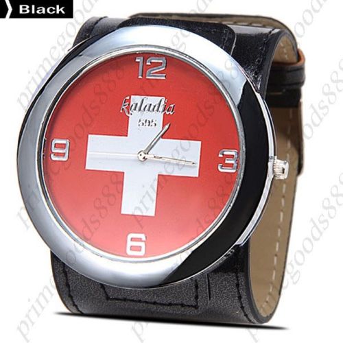 Switzerland The Swiss Flag Wide Round Analog PU Leather Wrist Wristwatch Black