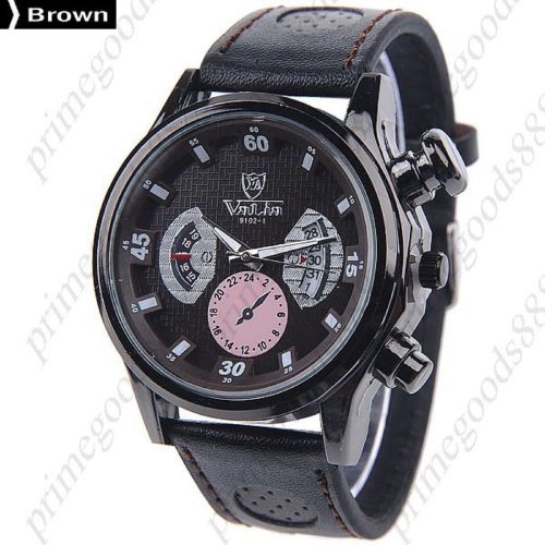 PU Leather Round Quartz Analog Date Wrist Men&#039;s Free Shipping Wristwatch Brown