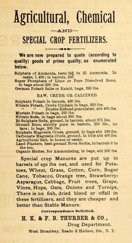 1883 ad agriculture chemical crop fertilizer thurber - original groc1 for sale