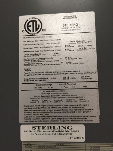 Sterling TF-200 Gas Fired Unit Heater
