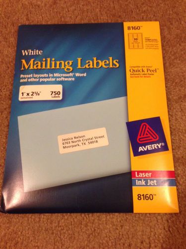 Avery 8160 Address Labels - 1&#034; x 2-5/8&#034; White 750 ct New