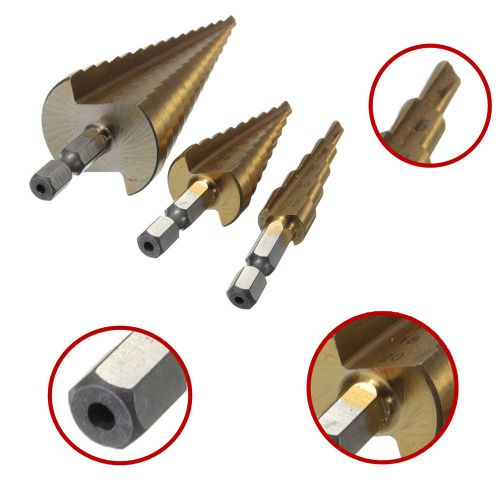3Pcs HSS Steel Step Cone Titanium Drill Bits Tool Set Hole Cutter 4-12/ 20/ 32mm