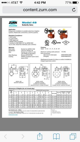 Zurn wilkins model 49 backflow preventer 4&#034; grooved butterfly fire valve 175 psi for sale