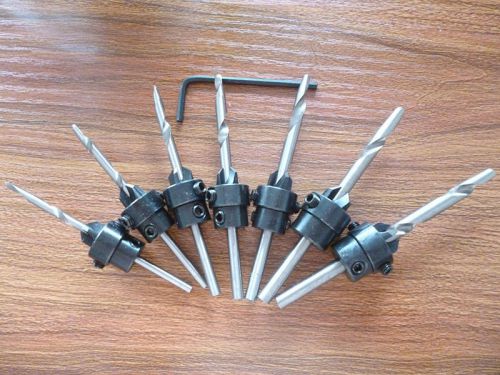 Woodwork tapered countersink drill bit set w/ adjustable depth stop collars&amp;case for sale