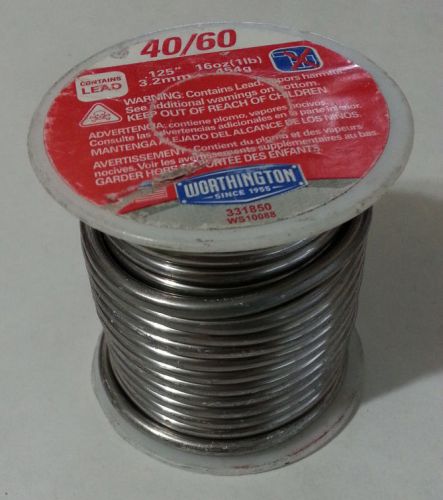 1lb Worthington .125inch Dia. 40/60 TinLead Solid Solder Wire 331850 WS10088 NEW