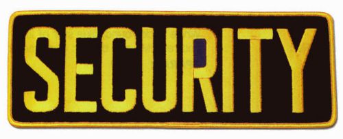SECURITY GOLD on BLACK BACK JACKET PATCH 11 inch by 4 inch SECURITY GUARD NEW