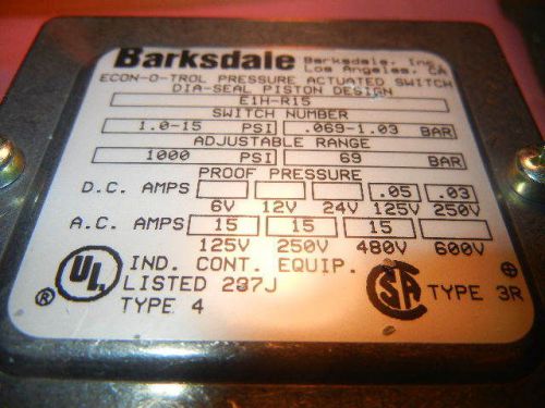 BARKSDALE E1H-R15 PRESSURE ACTUATED SWITCH