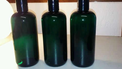 Lot (3) 16oz green boston round plastic bottles with black push disc top