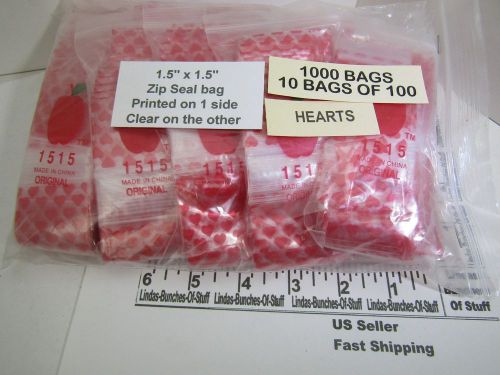 1000 RED HEARTS ON CLEAR BAGS 1 1/2&#034; X 1 1/2&#034; 2 MILL PLASTIC ZIP SEAL BAGS NEW!