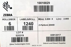 Zebra 10010029 3&#034;x2&#034; Direct Thermal Paper Label Z-Perform 2000D 1240/Roll 6Rolls