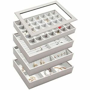 Vee Upgraded Large Jewelry Trays Organizer with Lid, 4 4 pack with lid Grey