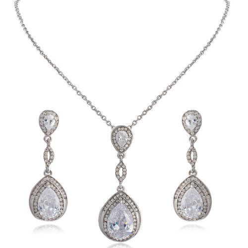 Bridal Bridesmaid Teardrop Earrings Necklace Set Clear Zircon Austrian Crystal