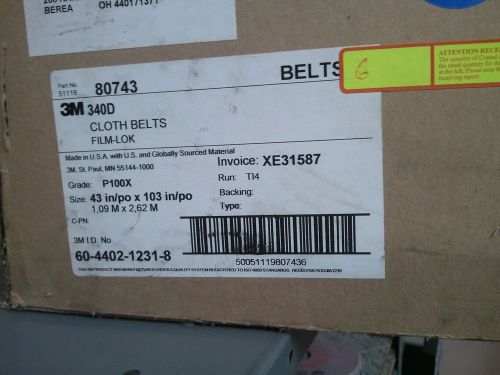3M 80743 Cloth Belt 340D, 43&#034; X 103&#034; P100 X-weight Film-Lok, 6-pcs
