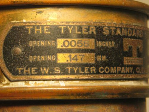 Vintage w.s. tyler usa standard testing sieve mesh 100 opening .0058 in.3&#034; brass for sale