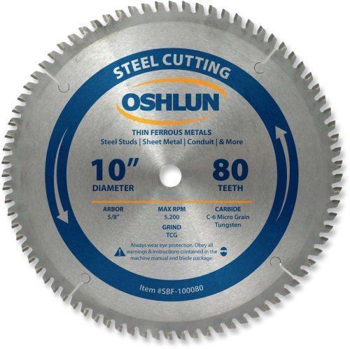 Oshlun SBF-100080 10-in 80 Tooth TCG Saw Blade W/ 5/8-in Arbor for Mild Steel