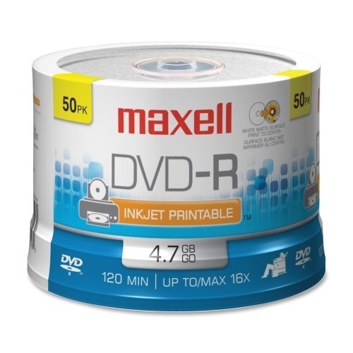 Maxell 638022 DVD-R 4.7GB 120/360 Minutes 16X 50/PK White Matte