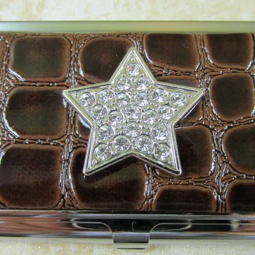 New Rhinestone Star &amp; Brown Alligator Print Faux Leather Business Card Holder
