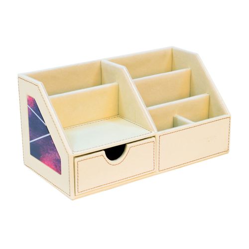 Ever coral red series beige leather stationery storage office desk organizer