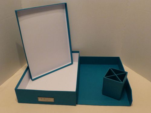 Desk Organizer Set 3 piece Turquoise Storage Box - Letter Tray - Pencil Cup NEW
