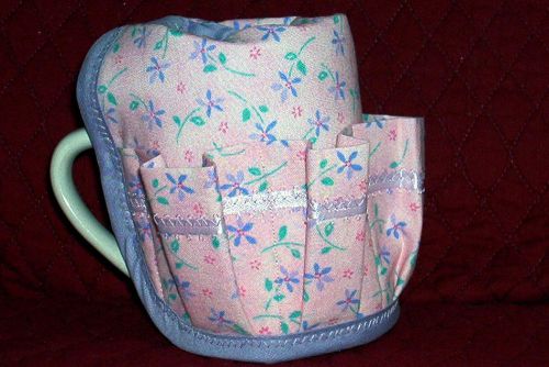 Handmade Purple Flowers Pink Coffee Mug Wrap Fabric Cover &amp; Organizer Cup Caddy