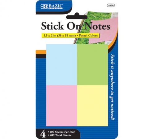 BAZIC 100 Ct. 1.5&#034; X 2&#034; Stick On Notes (4/Pack), Case of 24