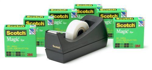 Scotch Magic Tape 6-Roll Value Pack with C38 Black Dispenser, 3/4 x 1000 New
