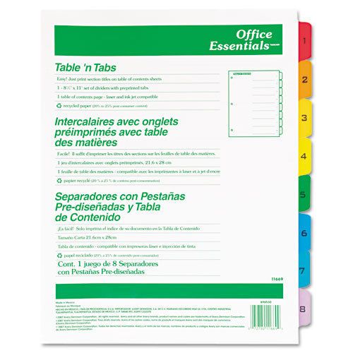 Office Essentials Table &#039;N Tabs Dividers, Eight Multicolor Tabs, 1-8, Letter