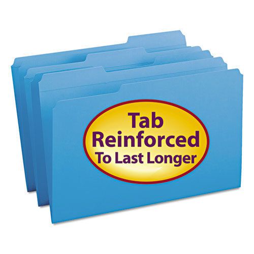File Folders, 1/3 Cut, Reinforced Top Tab, Legal, Blue, 100/Box