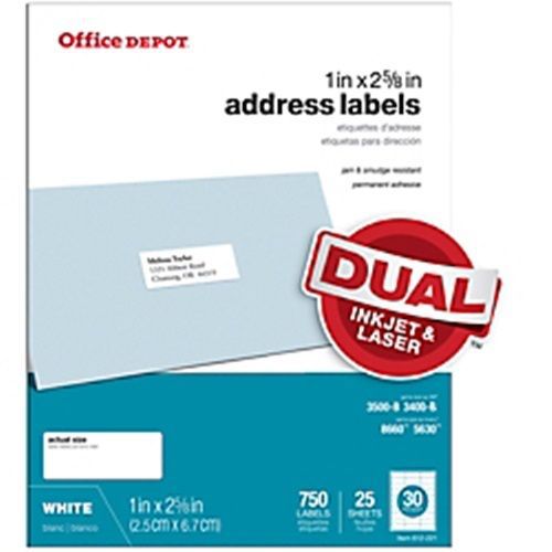Office Depot Brand White Inkjet/Laser Address Labels - 750 Pack - 1&#034; x 2-5/8&#034;