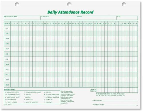 Daily Attendance Record 8.5 X 11 Loose Forms Per Pack Top3284
