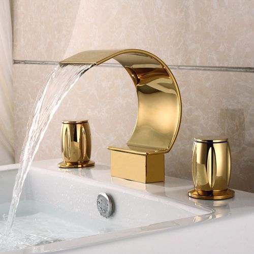 Modern 3 holes waterfall widespread sink faucet shiny gold tap free shipping for sale