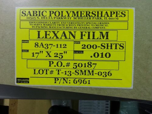Brushed Lexan Polycarbonate Sheet .010&#034; 17&#034; x 25&#034; - (100 Pack) Sabic 8A37