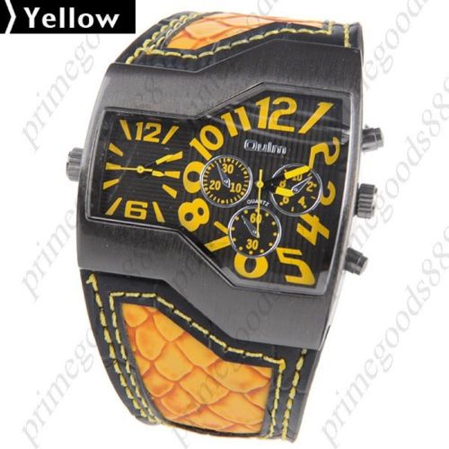 Dual Time Display Quartz Wrist Synthetic Leather Band Men&#039;s Free Shipping Yellow