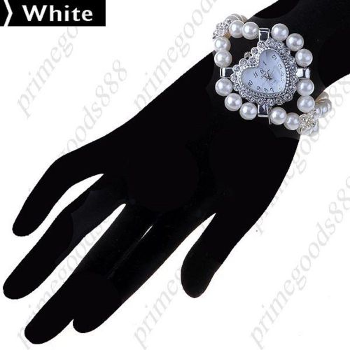 Heart rhinestones crystals beads chain quartz wrist wristwatch women&#039;s white for sale