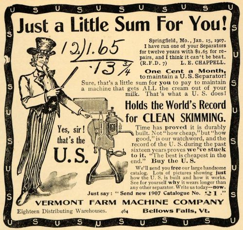 1907 Ad Vermont Farm Machine Cream Milk U.S. Separator - ORIGINAL CG1