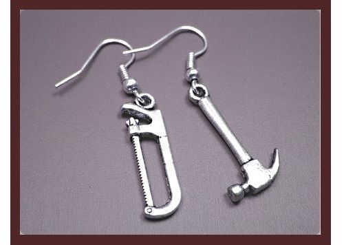Silver Hammer Saw Earrings Unique Mismatch Funky Hardware Tools Dangle Earrings