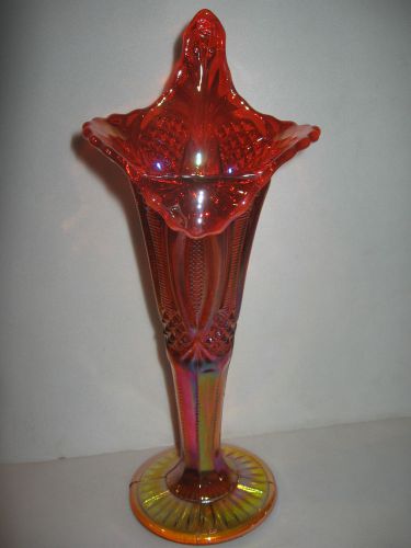 Marigold Carnival glass diamond pattern jack in pulpit vase / iridescent orange