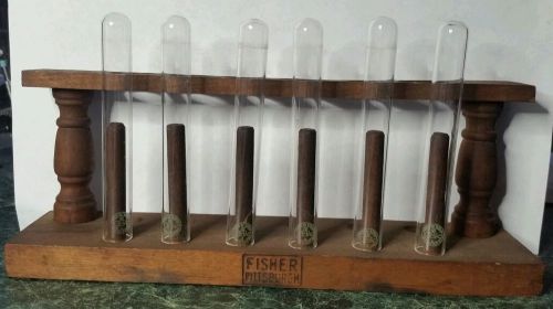 Vintage Fisher Laboratory Pittsburgh Wood Test Tube Rack with 6 original Tubes