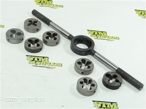 Lot of 7 hss metric &amp; standard adjustable dies 5/16&#034; -24unf to m18x1.5 w/ wrench for sale