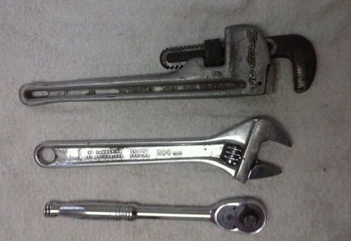 Snap on cresent wrench, pipe wrench, and 3\8 dive wratchet
